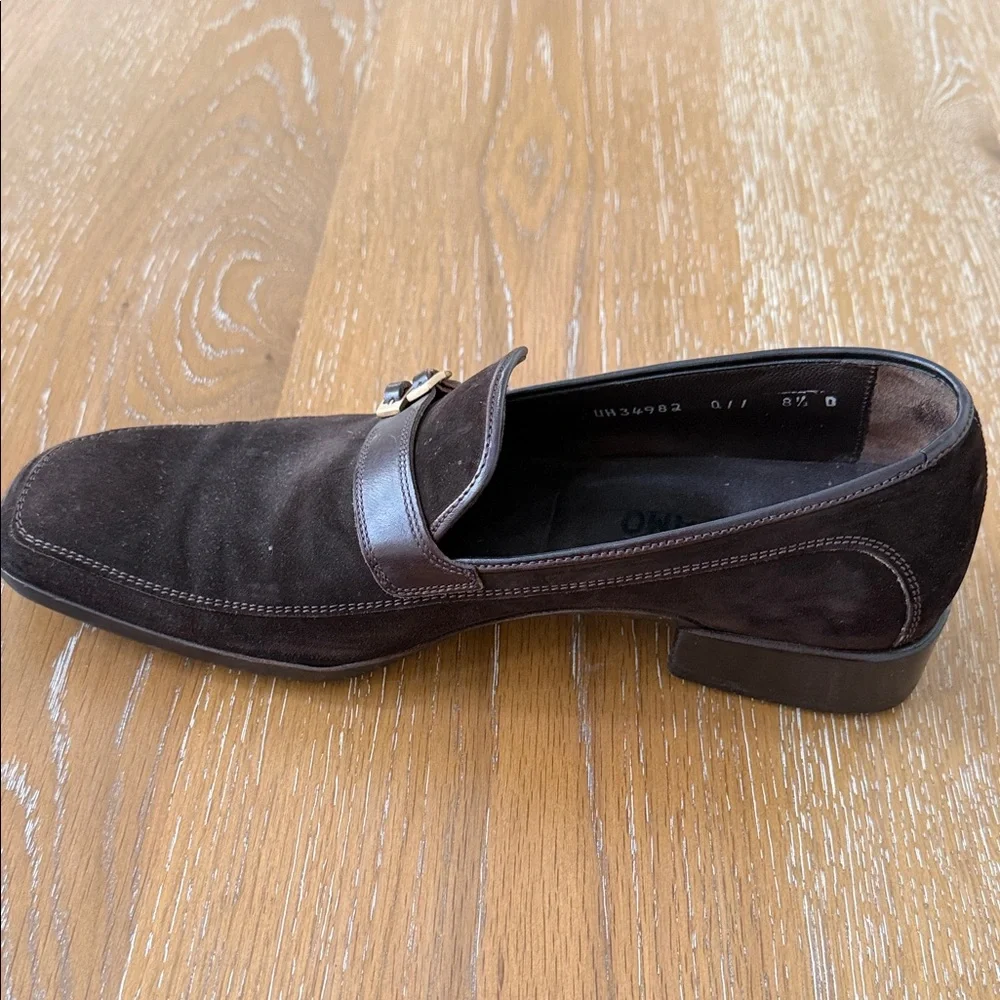 Ferragamo Men's Brown Suede Slip-On Loafers with Gold Buckle